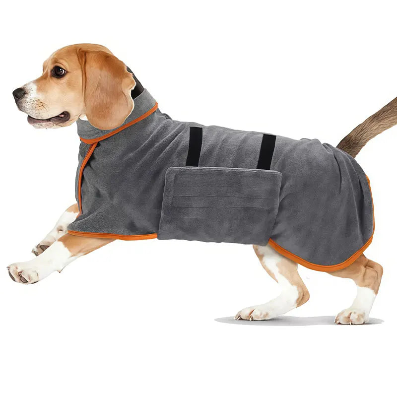 A gray dog bathrobe with orange trim and black straps is shown on a dog.