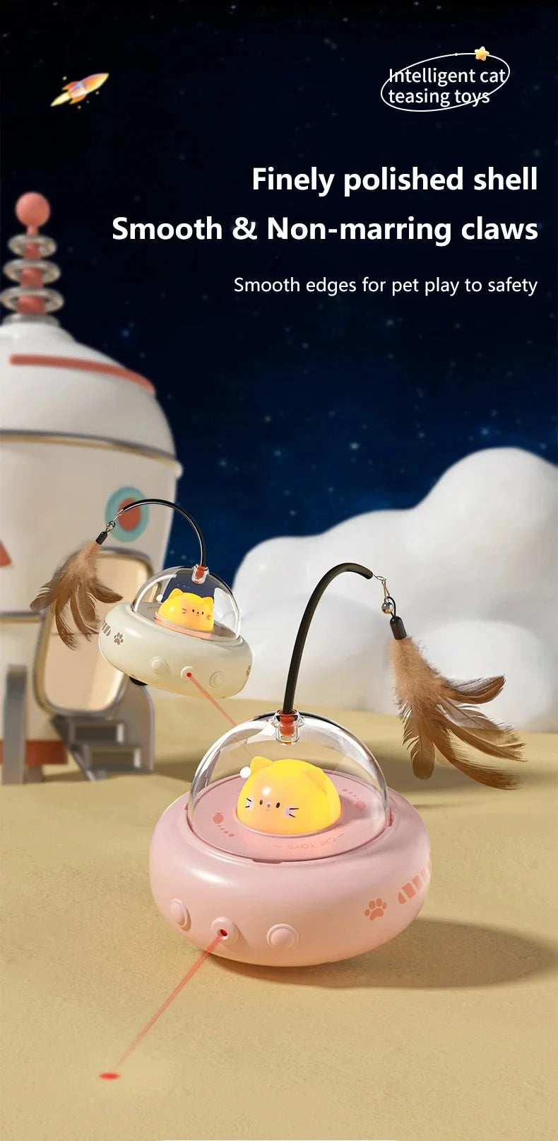 A pink automatic UFO cat teaser toy with a yellow cat head and a detachable feather wand is shown on a light surface.