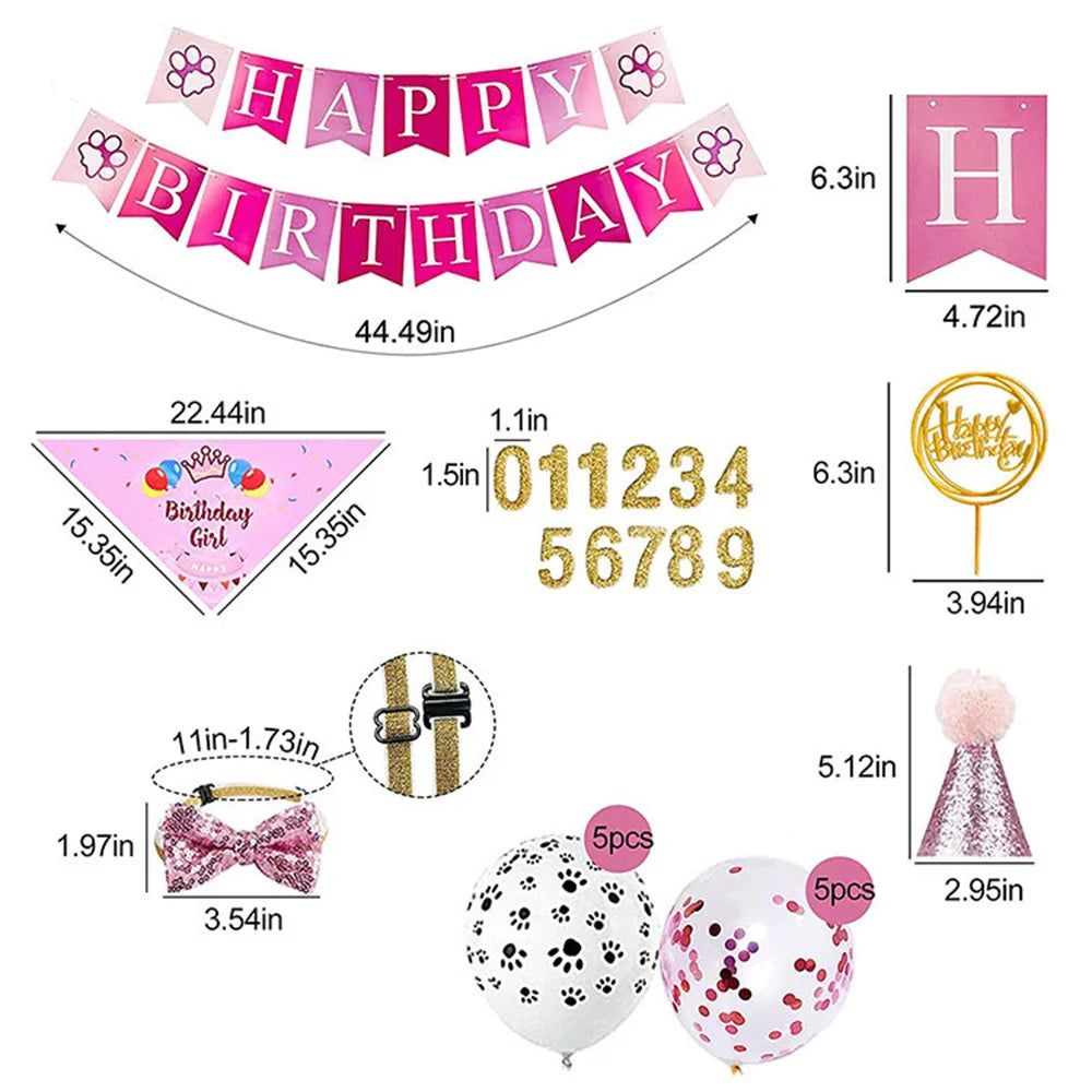 A pink birthday party decoration kit featuring a banner, balloons, and accessories for a pet's birthday celebration.