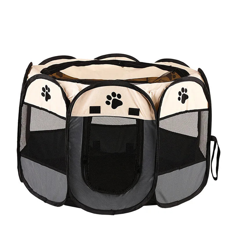 Klappbare Nestbett für Hunde und Katzen mit beige-schwarzer Stoffgestaltung.