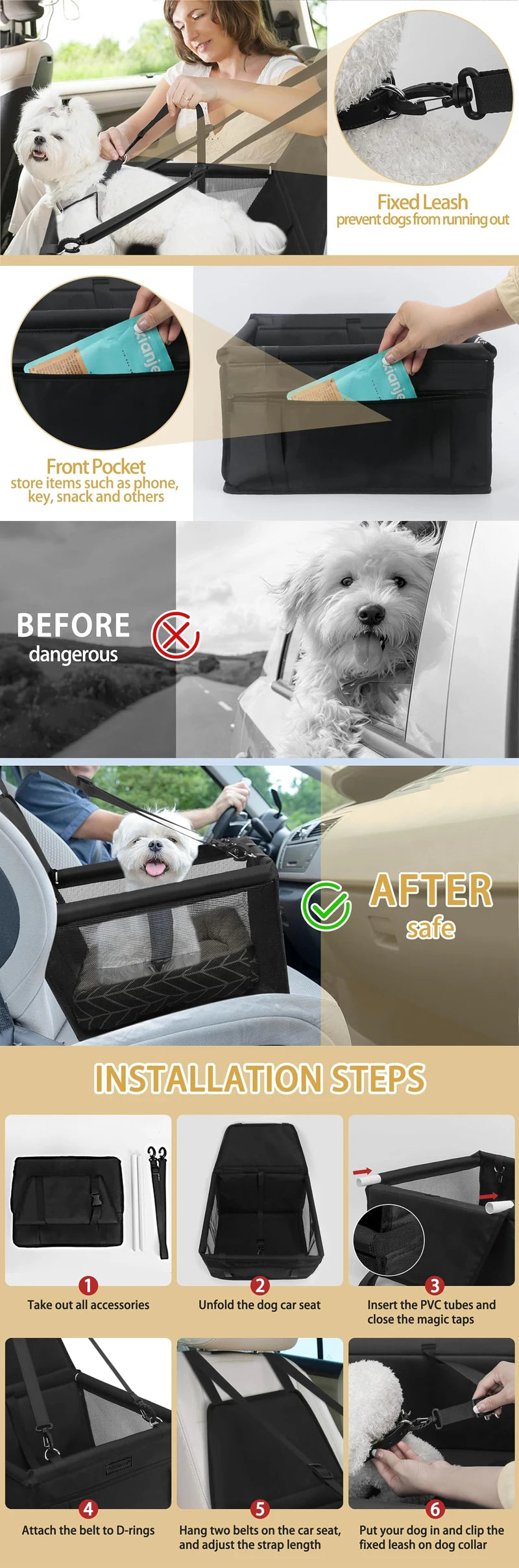 Installation steps for a car pet seat cushion with safety belt, showing how to attach accessories and secure the dog.
