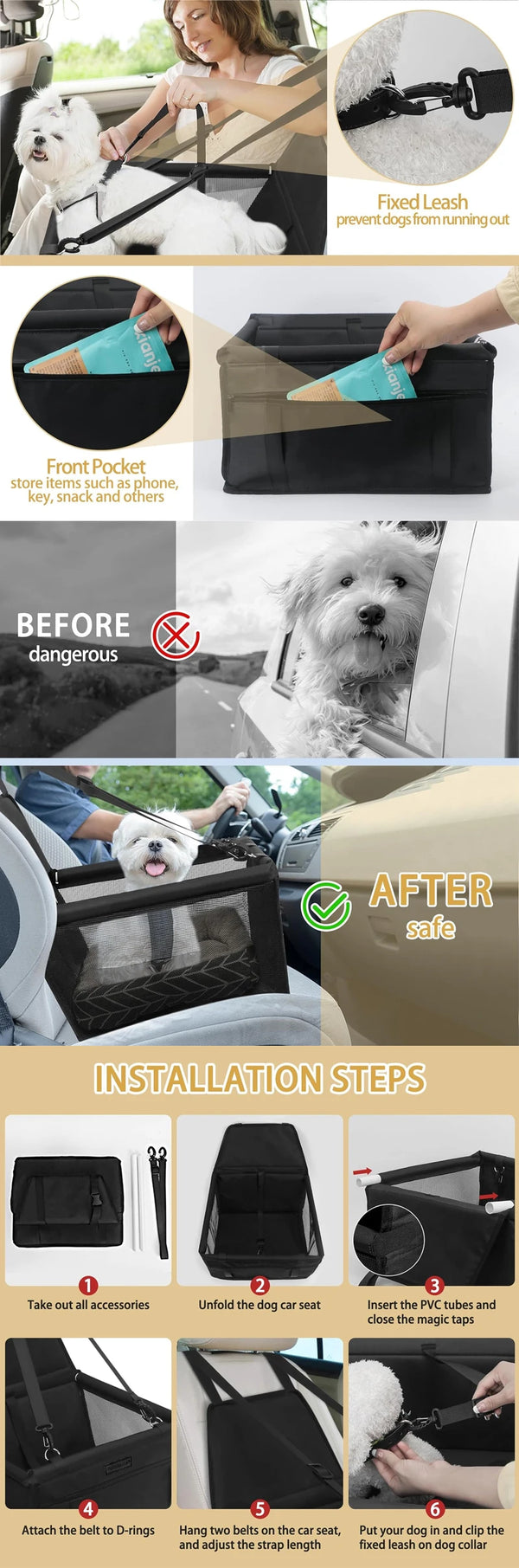 Installation steps for a car pet seat cushion with safety belt, showing how to attach accessories and secure the dog.