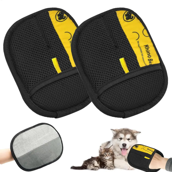 Pair of black electrostatic pet hair removal gloves and a gray silicone pad.
