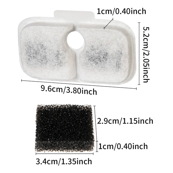 A white replacement filter for a cat water fountain, shown alongside a black sponge filter.