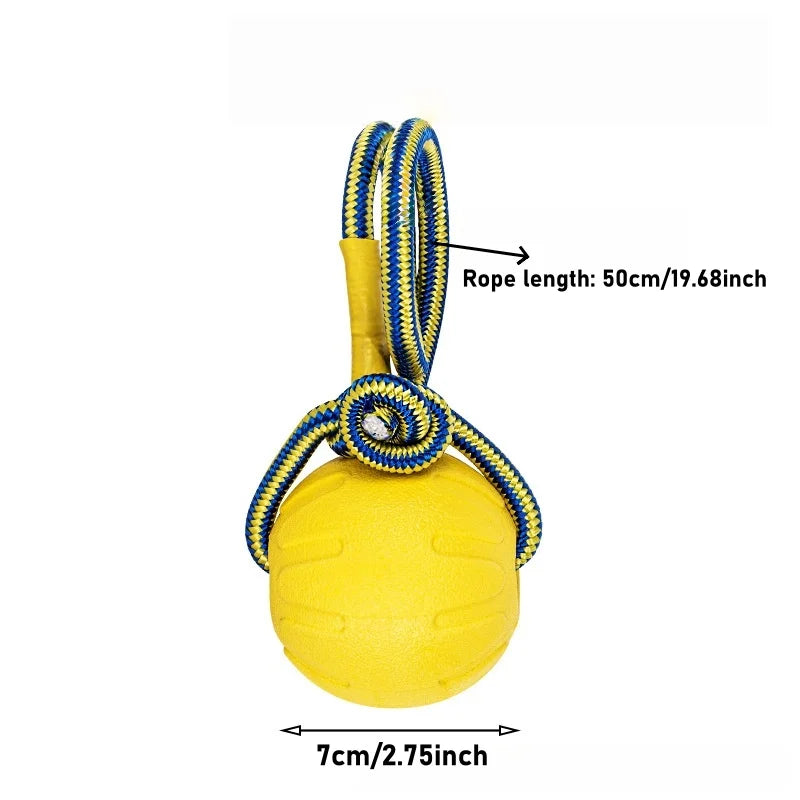 Yellow floating dog fetch toy with a rope and bumper, measuring 7cm.