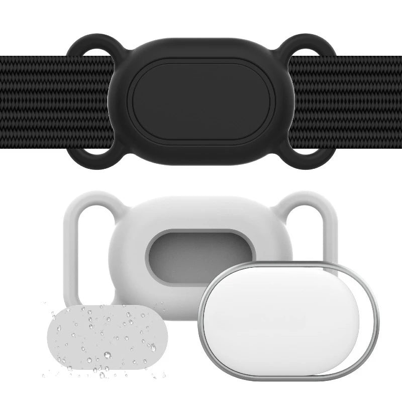 A black silicone protective case for a pet tracker with a collar mount and a separate clear silicone cover.