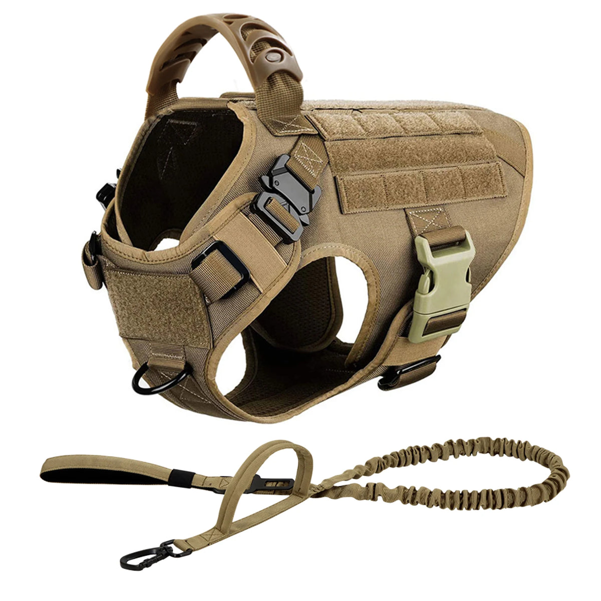 A tan durable dog harness and leash set for training, shown against a white background.
