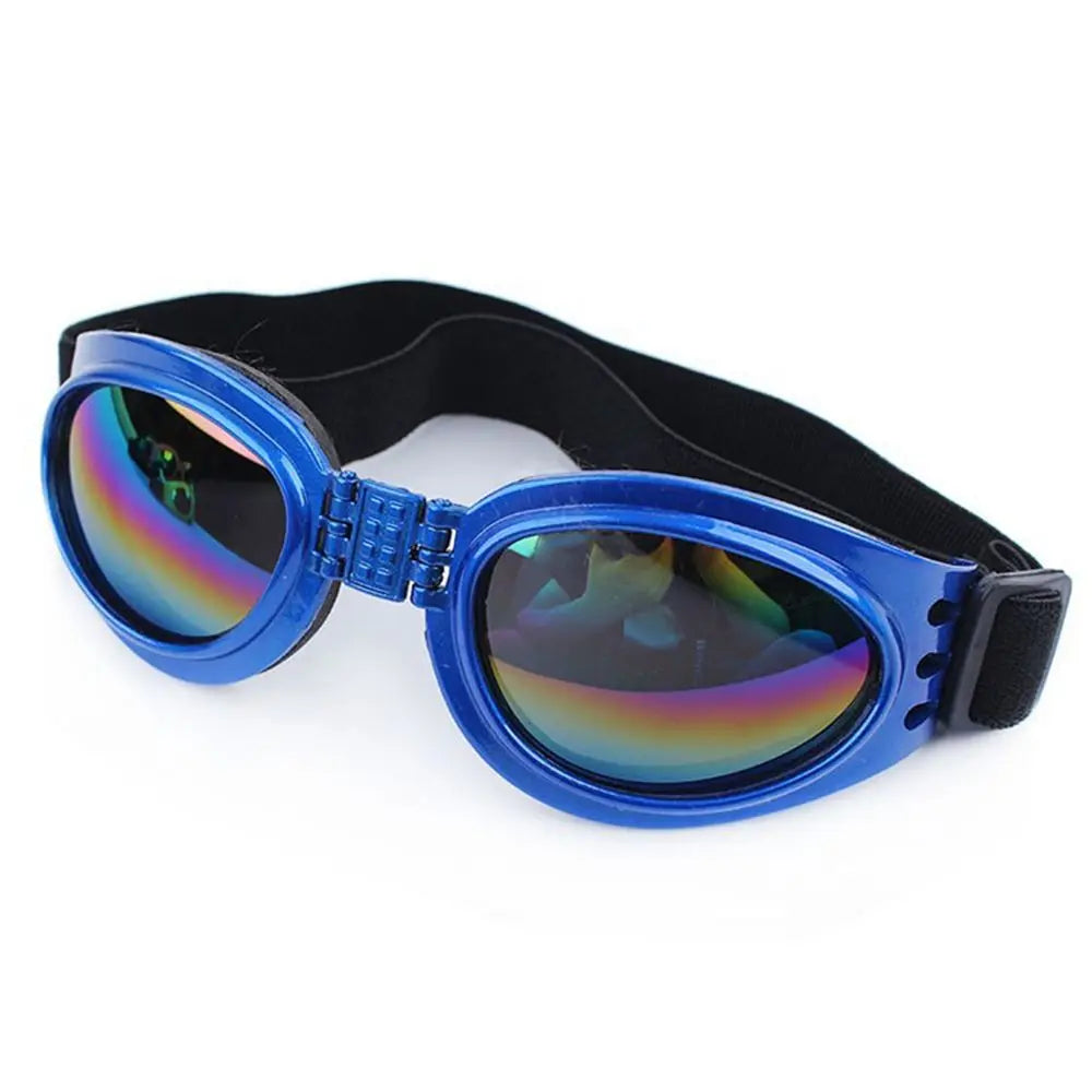 Blue plastic sunglasses with black strap and tinted lenses for pets