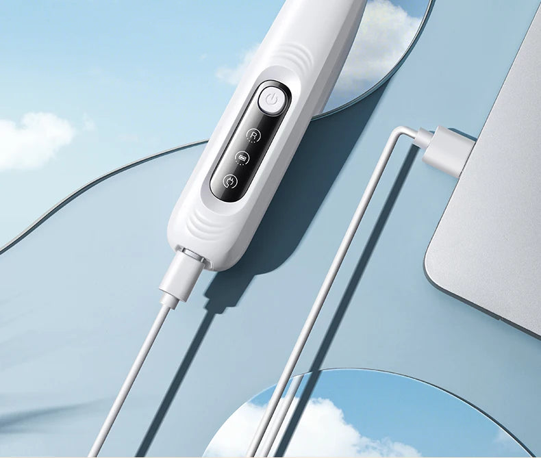 A white portable dog grooming trimmer is shown plugged into a wall outlet, with its cord extending across a light blue backgr