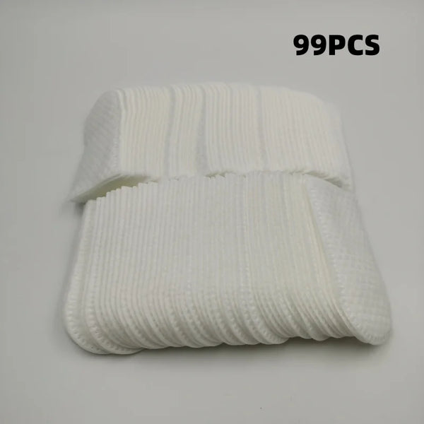 A stack of 99 disposable white pet finger wipes.