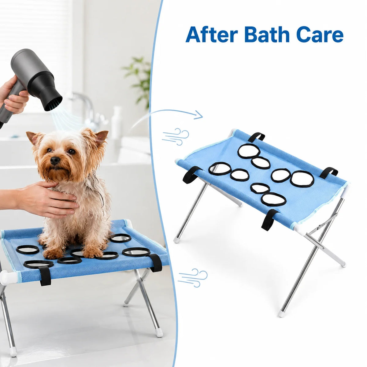 A small dog is resting on a blue foldable pet bath hammock stand with black eye masks after bath care.