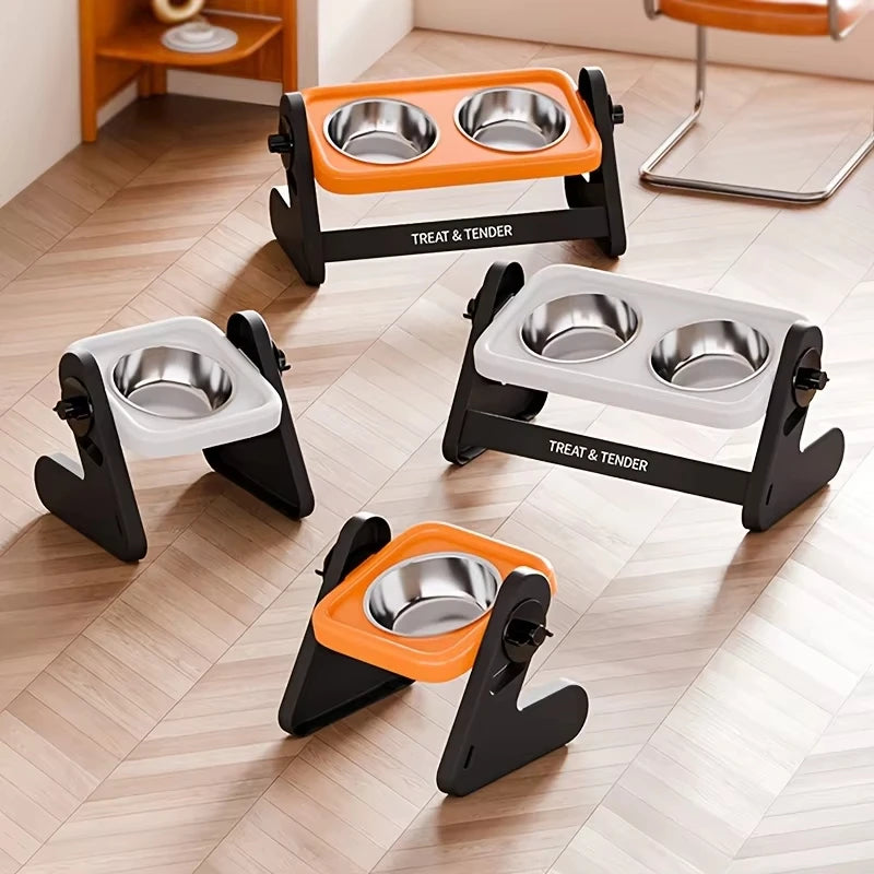 A set of adjustable raised cat bowls in black and orange are displayed on a wooden floor.
