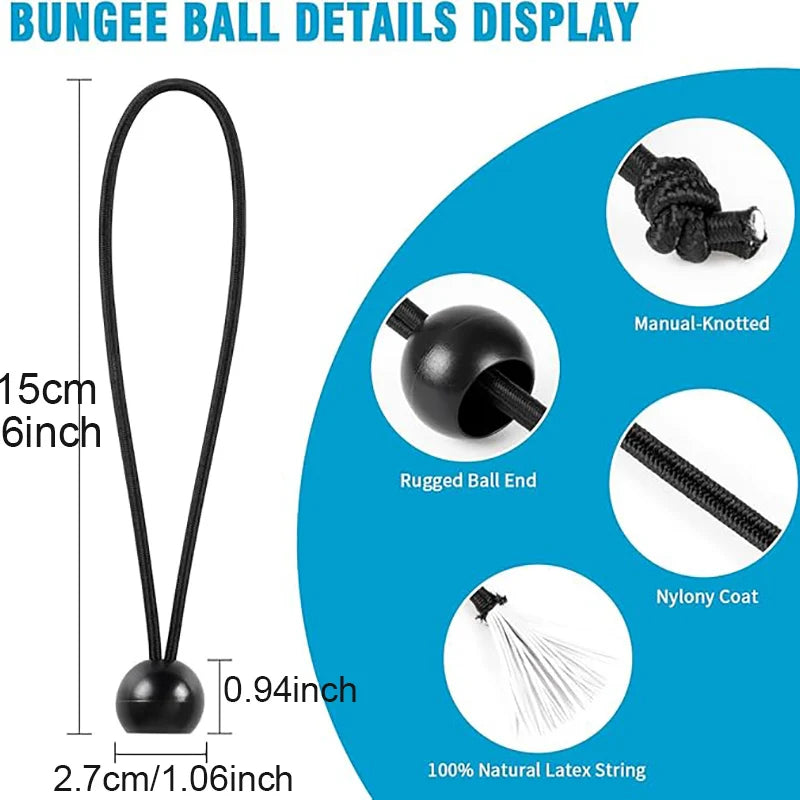 Display of bungee ball details including the cord length, rugged ball end, nylon coat, and natural latex string.