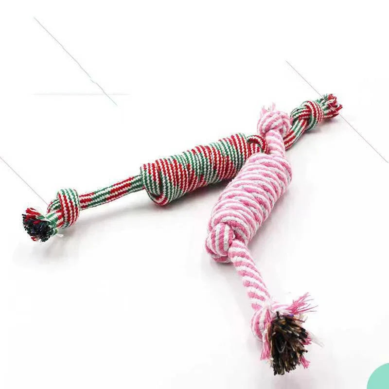 Interactive cotton rope dog toy set featuring carrot and dumbbell shaped toys in red and green.