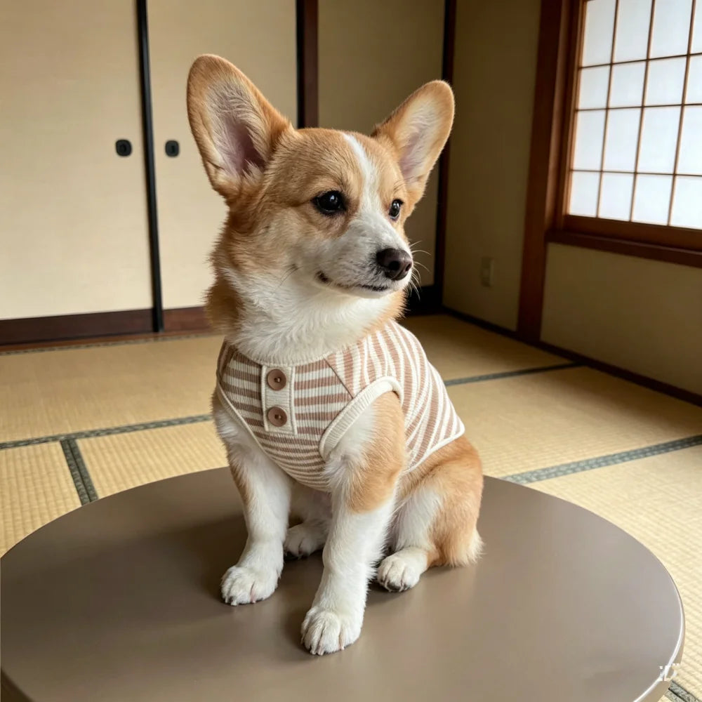 A small, light brown and white dog sits looking to the side in a knitted vest.
