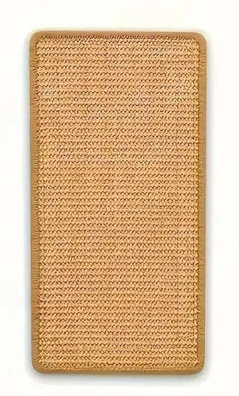 A rectangular, woven hemp rope cat scratching board in a natural tan color.