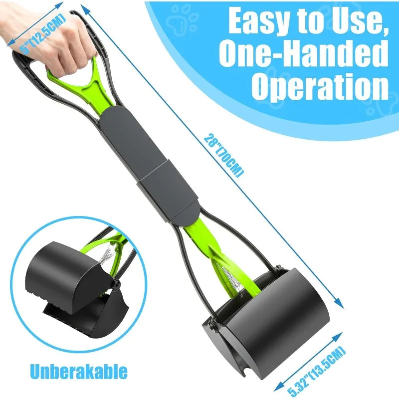 A black and neon green heavy duty pet poop scooper with a long handle shown for easy one-handed operation.