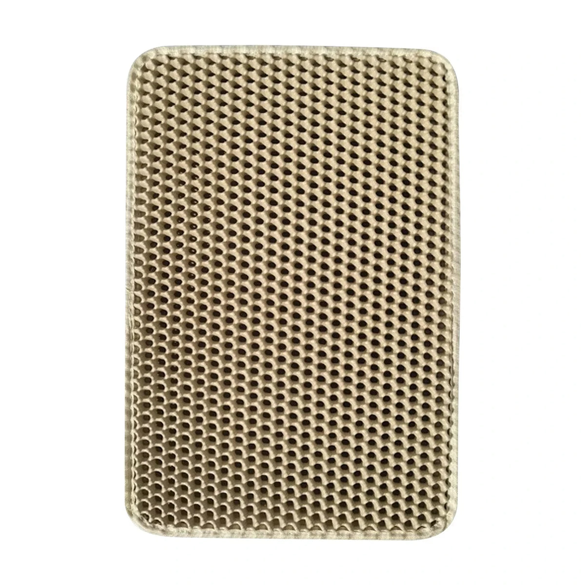 Un tapis de litière imperméable beige carré avec un motif alvéolé texturé.