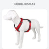 A white dog wearing a red adjustable no-pull reflective harness is displayed against a white background.