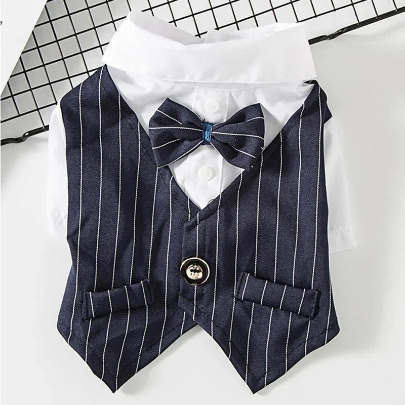 A navy blue pinstripe vest with a bow tie and white shirt displayed on a hanger.