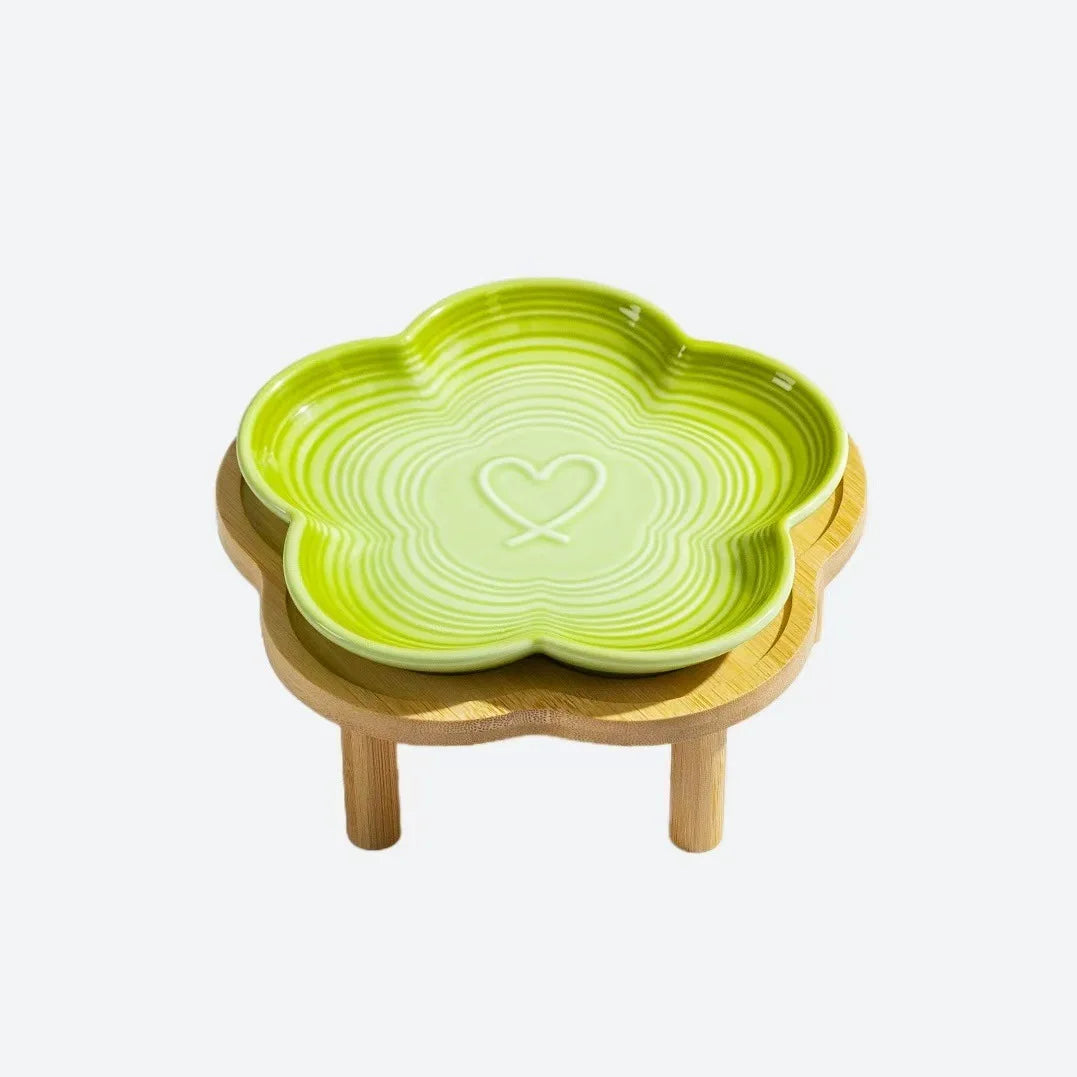 Ceramic Pet Bowl with Wood Stand – Elegant Bow Knot Design