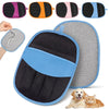 Reusable pet hair removal gloves in various colors and a large blue glove shown next to pets.