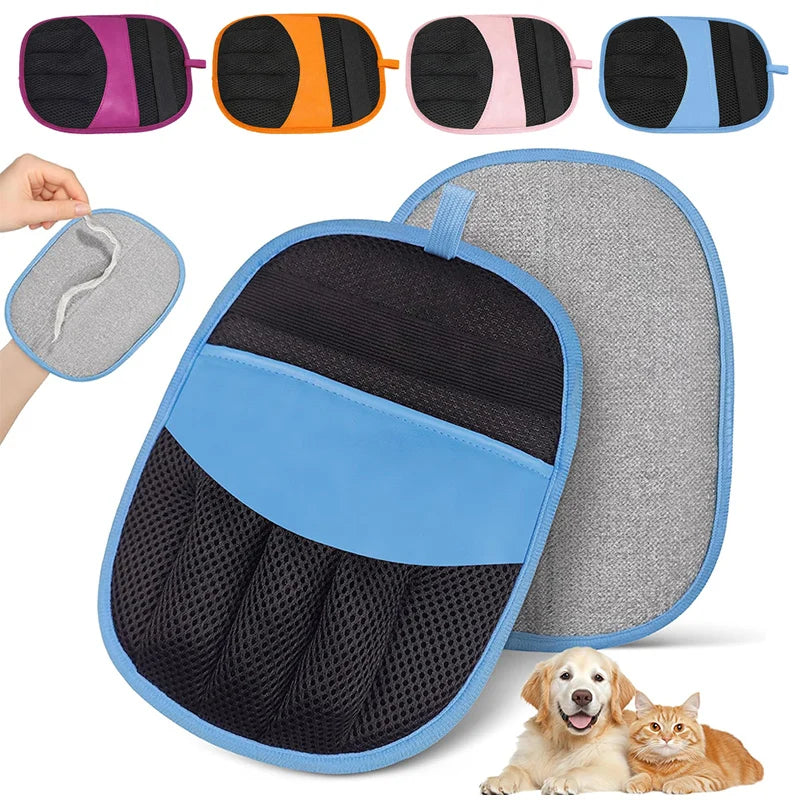 Reusable pet hair removal gloves in various colors and a large blue glove shown next to pets.