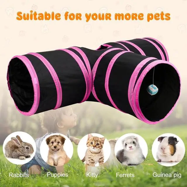 Black and pink collapsible bunny tunnel and hideout suitable for small pets like rabbits, puppies, kitties, ferrets, and guin