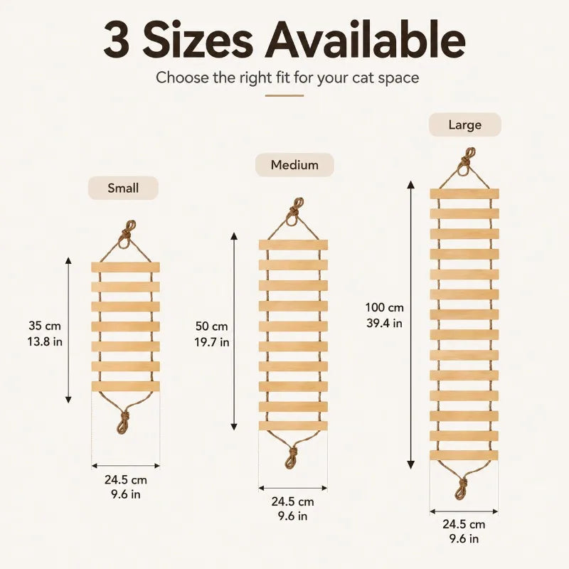 Three sizes of natural wood cat climbing ladders available: Small, Medium, and Large.