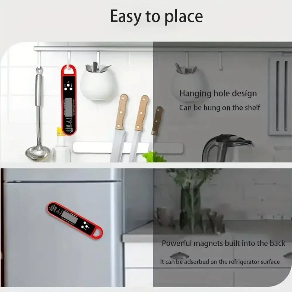 A digital meat thermometer is shown hanging on a hook and another magnetic version is shown on a refrigerator.