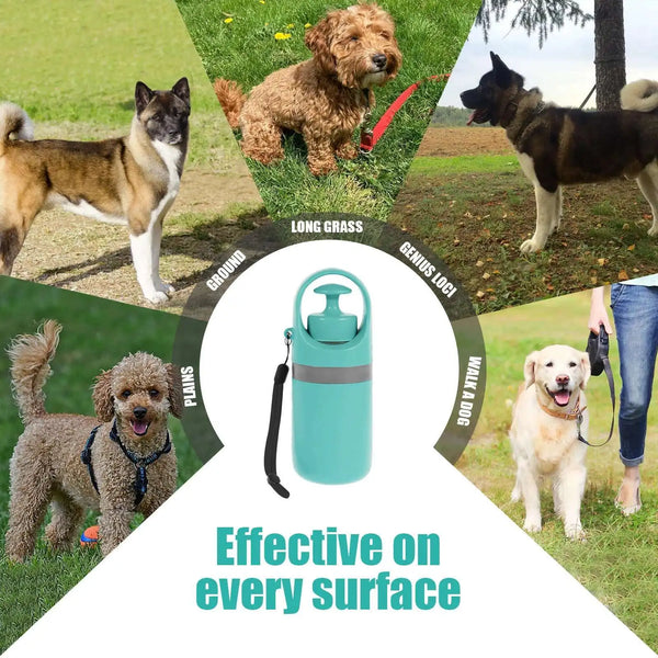 Recolector de excrementos para mascotas de color verde azulado con correa negra, rodeado de varios perros en diferentes super