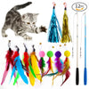 A set of 12 feather cat wand toys featuring various colors like blue, yellow, green, pink, and purple.