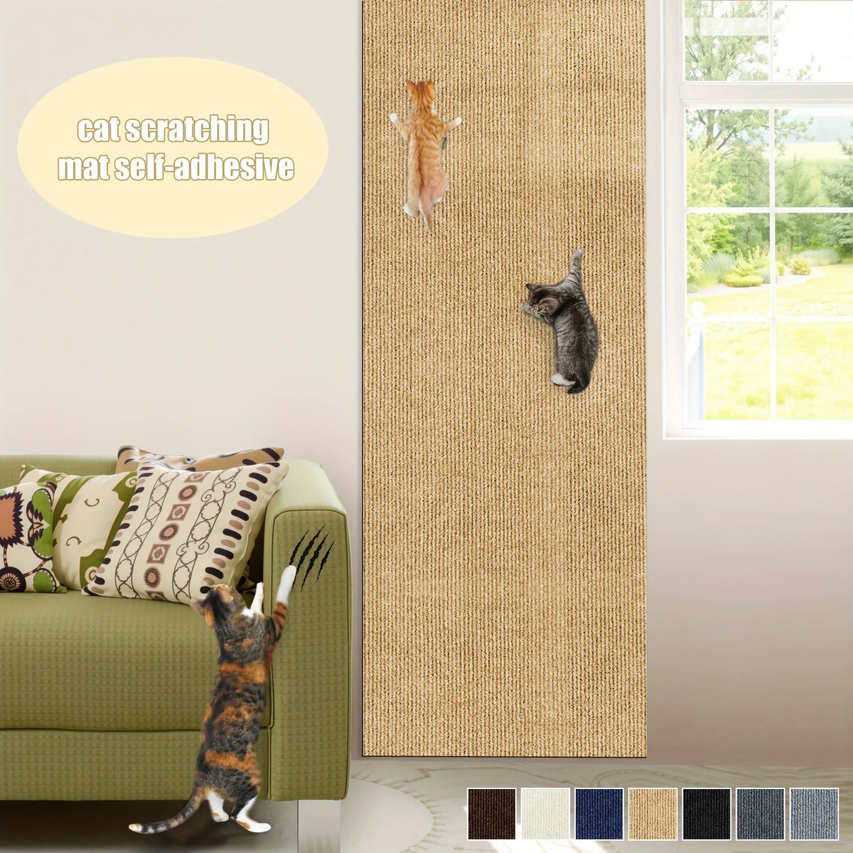 Beige Sisal-Kratzmatte für Katzen an der Wand mit Katze und grünem Sofa