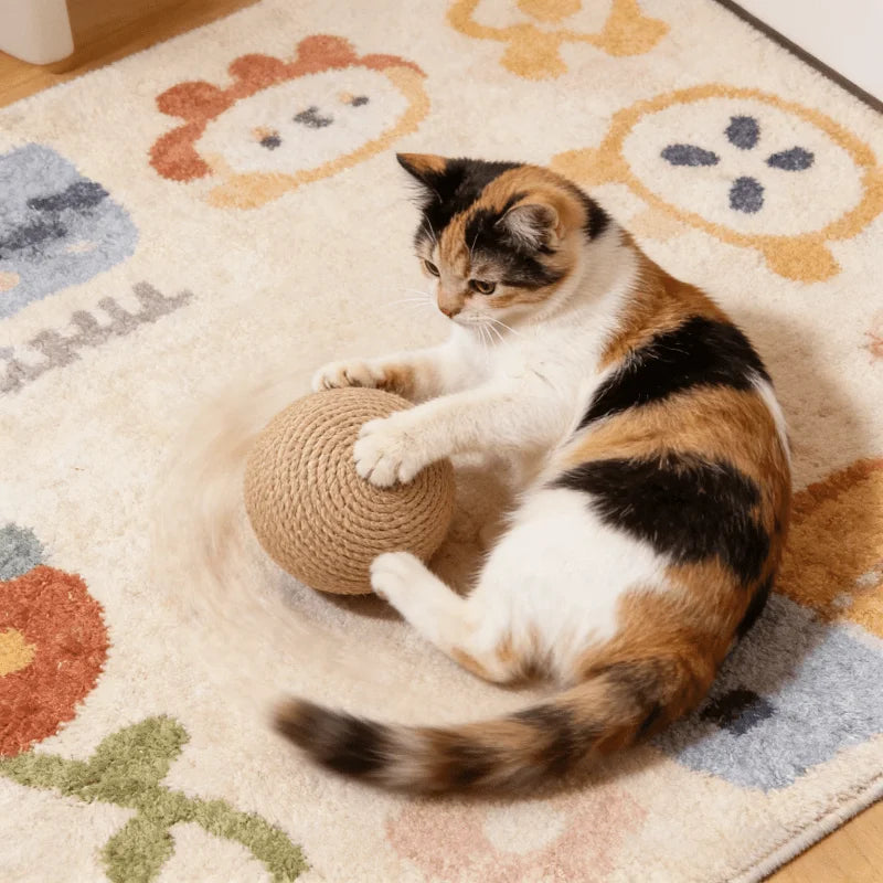 A tabby cat is playing with a natural sisal scratching ball on a light-colored rug.