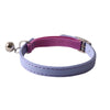 A pink and light purple adjustable cat collar with a bell made of soft PU leather and elastic webbing.