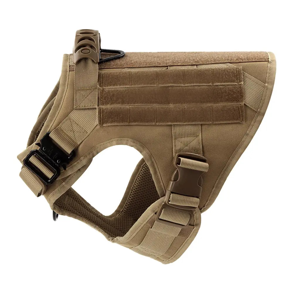 A tan durable dog harness and leash set for training, shown from above.