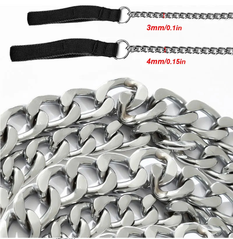Silver heavy-duty anti-chew metal dog leash with soft black handle and various chain lengths