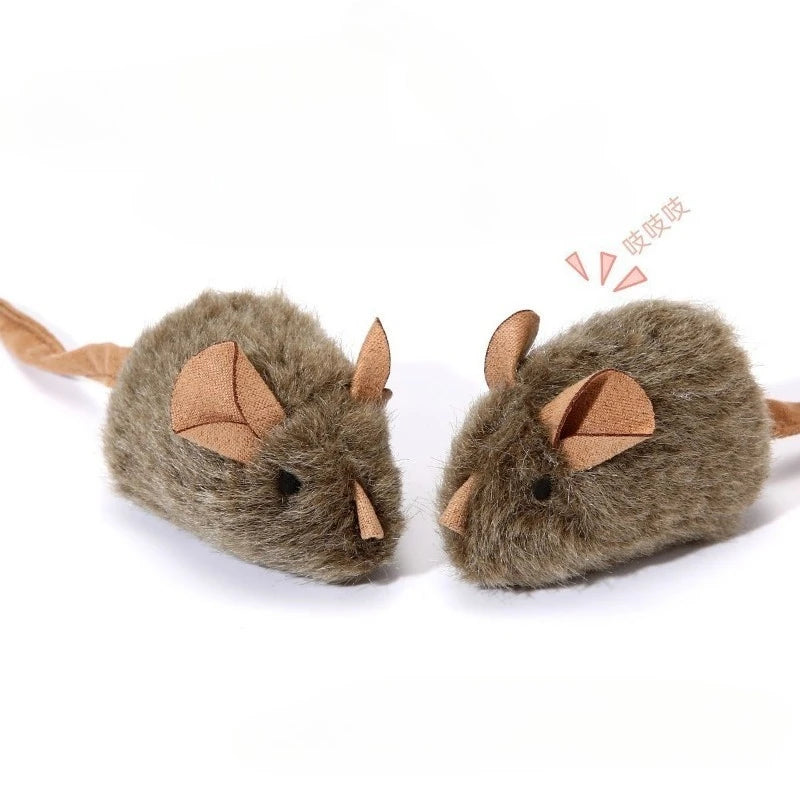 A pair of fluffy gray squeaky mouse plush toys for cats.