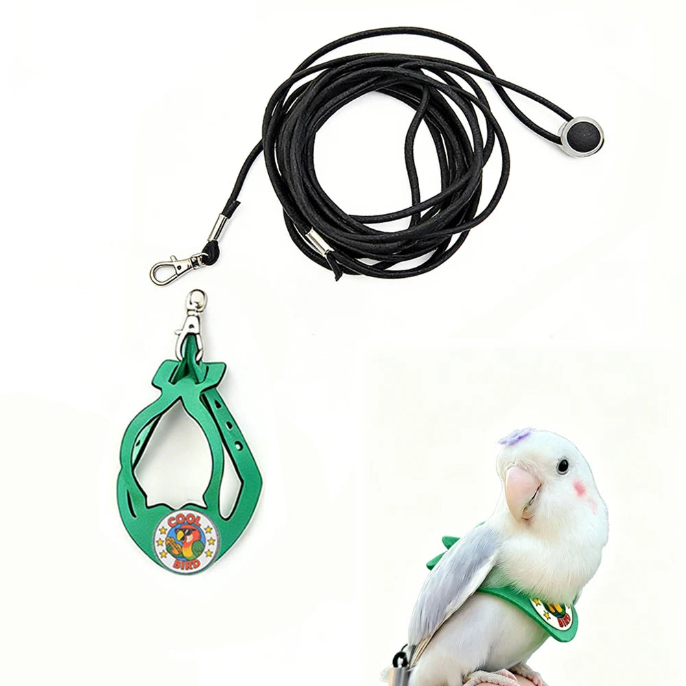 A green adjustable parrot harness and elastic leash set with a white bird.