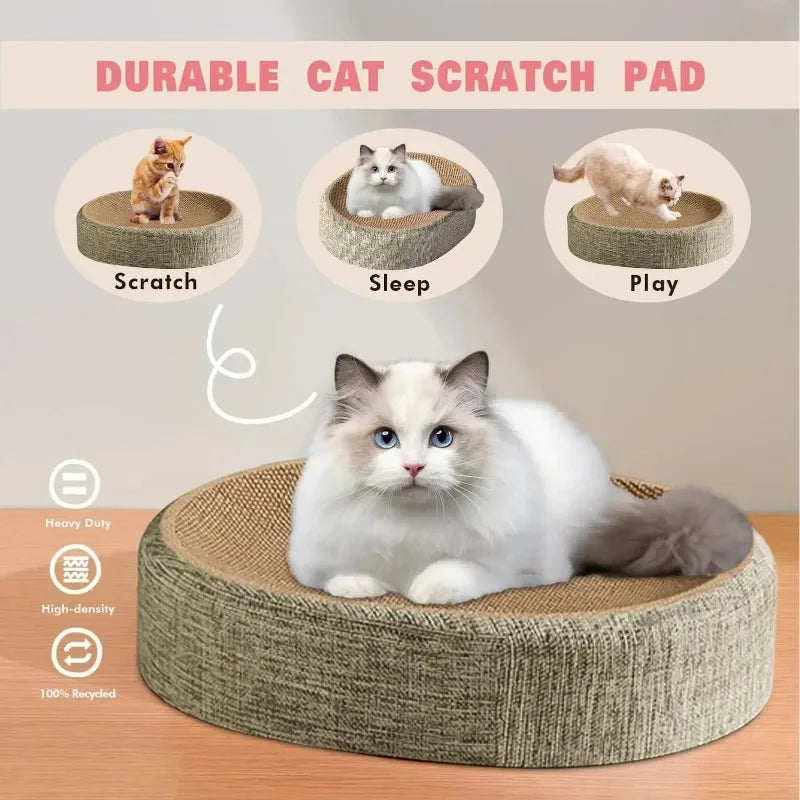 A fluffy white cat is resting on a round, woven sisal scratching pad designed for cats.