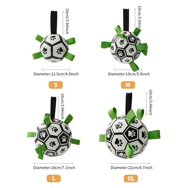 A set of durable dog tug toys shaped like soccer balls in various sizes S, M, L, and XL.