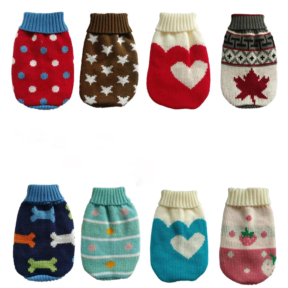 Colección de nueve suéteres tejidos para mascotas con varios patrones y colores como rojo, azul, marrón, crema y verde.