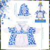 A blue and white floral patterned outfit for a porch goose, shown flat and worn on a mannequin.