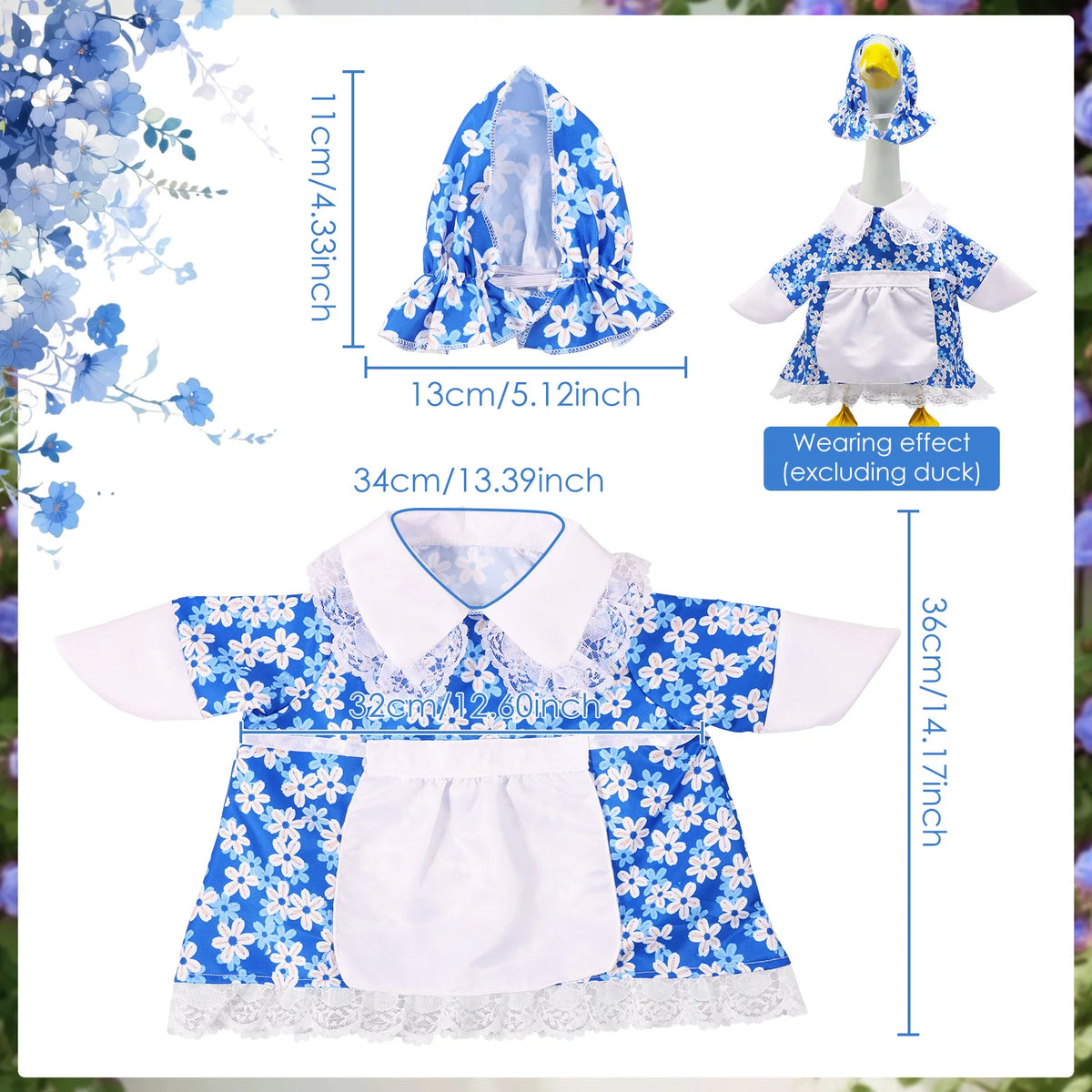 A blue and white floral patterned outfit for a porch goose, shown flat and worn on a mannequin.