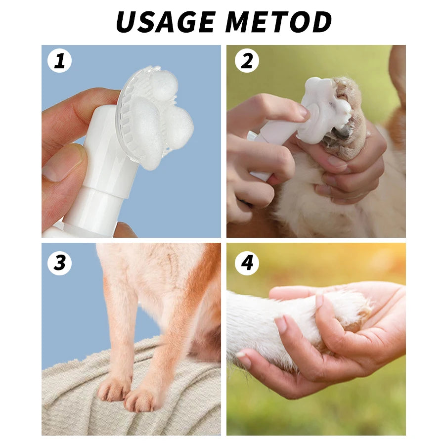 Four steps demonstrating the usage method of gentle dog and cat paw cleansing foam for cleaning pet paws.