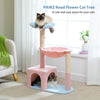 A pink and beige cat tree with a blue mat, featuring a cat resting on the top platform.