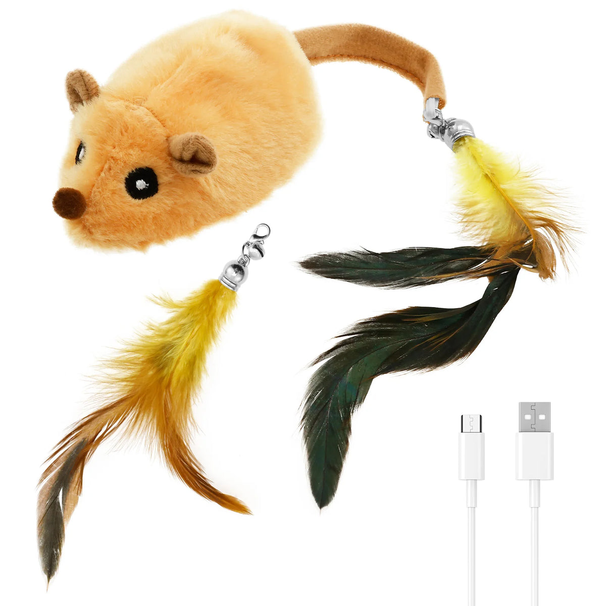 Flauschiges braunes Mäuschen-Plüschtier mit einem langen gelben Feder und einem Fernbedienungskabel.