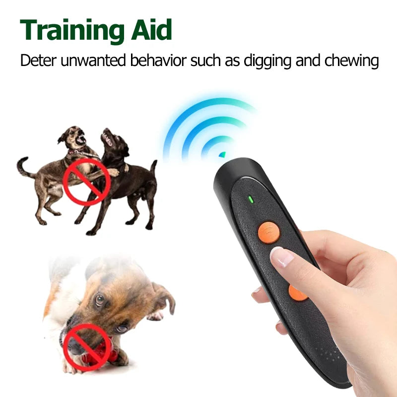 A hand holds a black ultrasonic dog bark deterrent device, illustrating its use to deter unwanted digging and chewing behavio