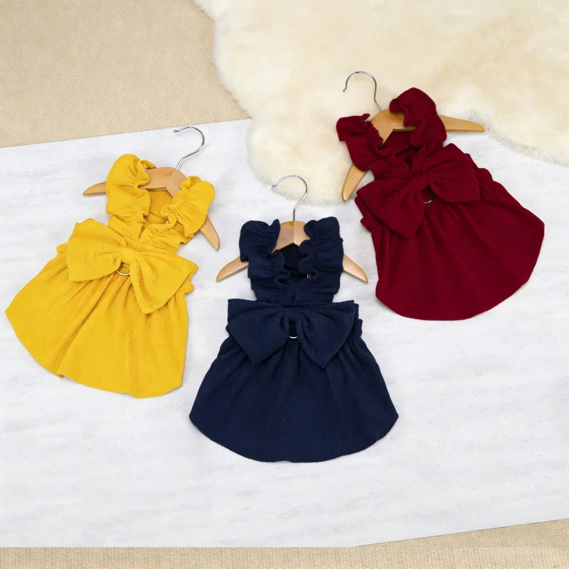 Vintage Corduroy Pet Dress with Bow and Ruffle Skirt