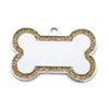 Silver pet ID tag with a bone shape, featuring gold glitter trim and a blank white center.